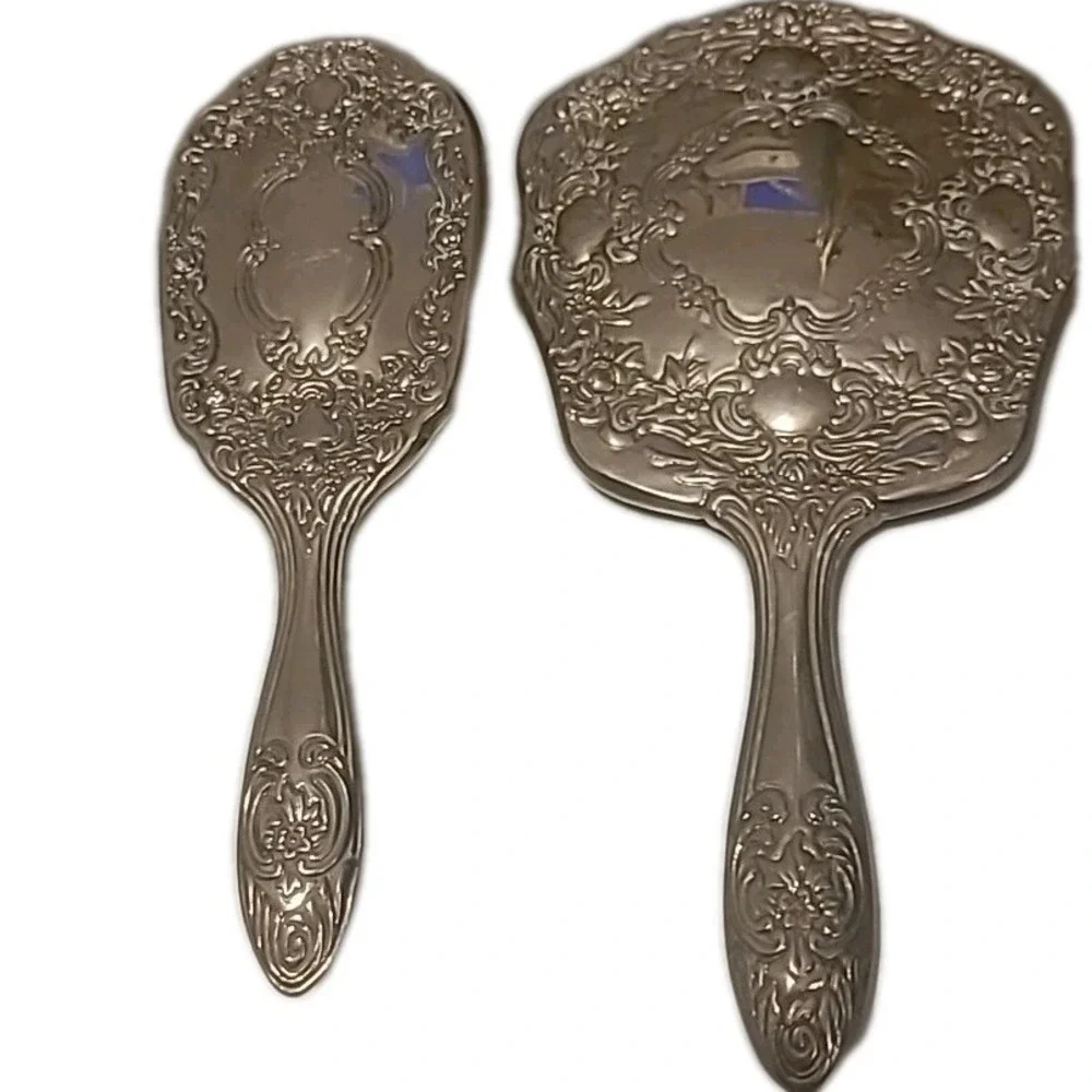 Vintage Silver Plate 4 Piece Vanity Set Comb Brush‎ Mirror And Glass Powder Con.